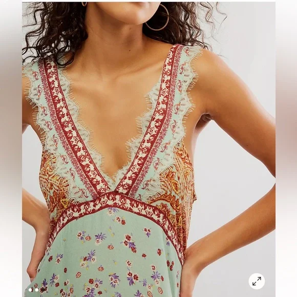 Free People Intimately East Willow Mint Multi Floral Lace-Trim V-Neck Mini Dress - Picture 3 of 8